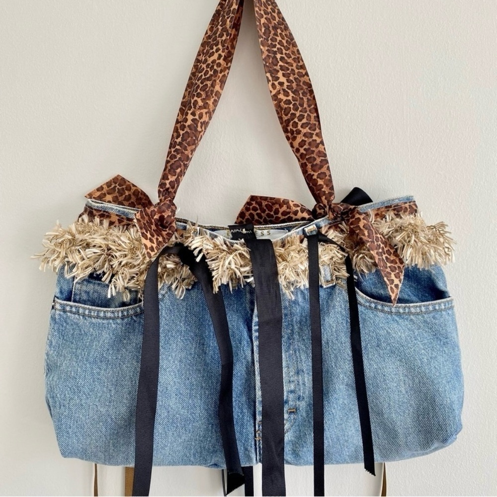 Denim Jean Bag with Beige Fringe and Leopard-Print Handles